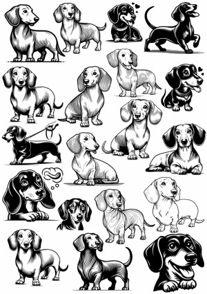 Collection of Black and White Dachshund Dog Illustrations Free Vector