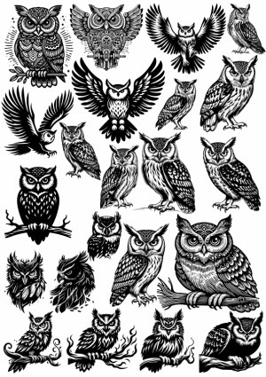 Collection of Black and White Owl Illustrations and Silhouettes Free Vector