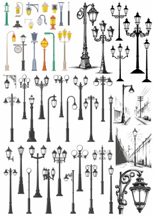 Collection of Vintage and Modern Street Lamp Vector Illustrations Free Vector