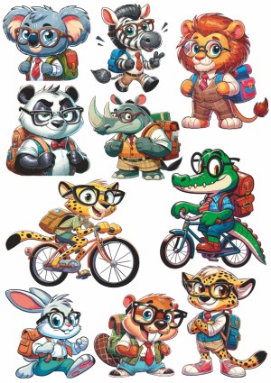 Cute Smart Animals in Glasses with Backpacks and Bicycles Vector Set Free Vector