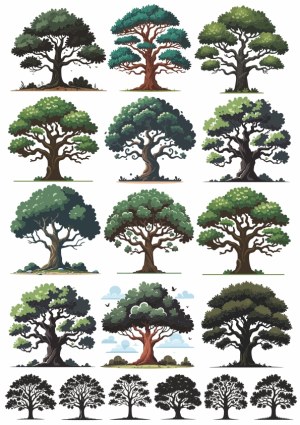 Collection of Diverse Tree Illustrations with Varied Shapes and Foliage Free Vector