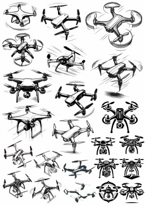 Vector Pack of Various Drone Illustrations and Silhouettes Free Vector