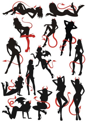 Silhouettes of Devil Girl Poses with Red Horns and Tails Free Vector