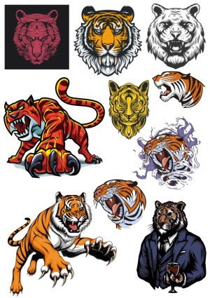 Collection of Fierce and Stylized Tiger Illustrations Free Vector