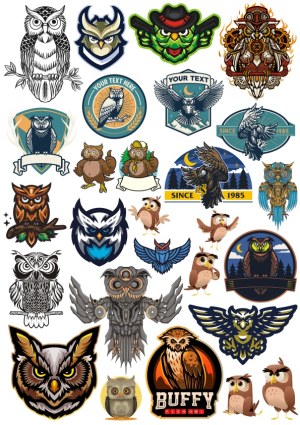 Collection of Owl-Themed Vector Illustrations and Emblems Free Vector