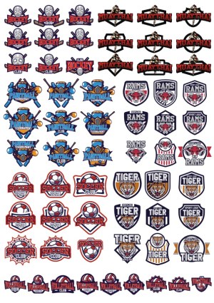 Set of Sports Club and Tournament Vector Logos for Hockey, Muay Thai, Paintball, Rams, Soccer, Tiger, and Volleyball Free Vector