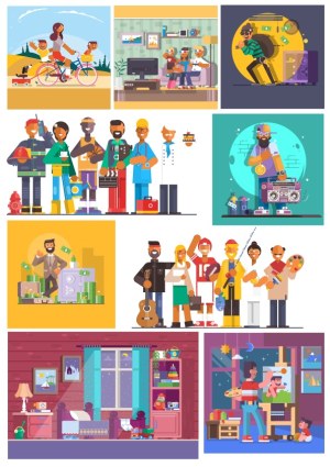 Set of Diverse Lifestyle and Occupation Illustrations Free Vector