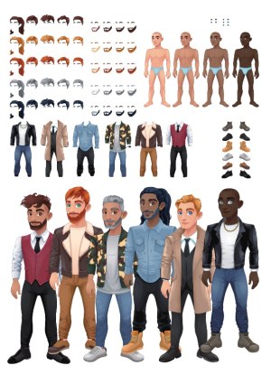 Male Character Creator Vector Set with Diverse Hairstyles, Clothing, and Skin Tones Free Vector