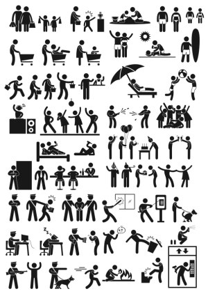 Black Silhouette Stick Figures Illustrating Various Daily Life Activities Free Vector