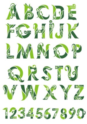 Green Floral Decorative Alphabet and Numbers Vector Free Vector