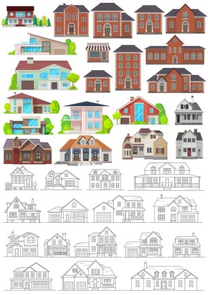 Collection of Colored and Line Art Residential House Vectors Free Vector