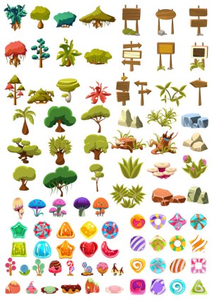 Collection of Trees, Plants, Rocks, Signposts and Candy Elements Vector Set Free Vector