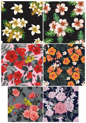 Six Floral Pattern Vectors with Tropical and Rose Designs Free Vector