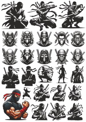 Collection of Ninja Silhouettes and Headshots with Katanas Free Vector
