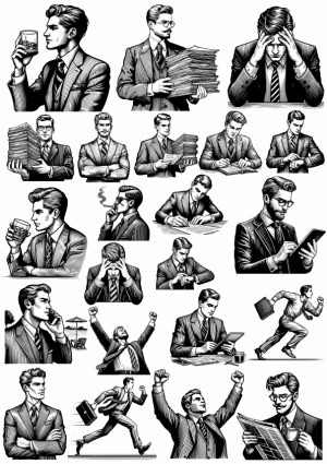 Vintage Black and White Businessman Vector Illustrations Set Free Vector