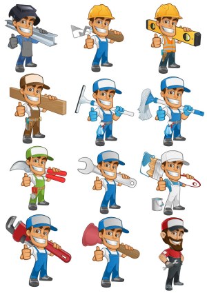 Smiling Cartoon Tradesmen with Various Tools Thumbs Up Vector Set Free Vector