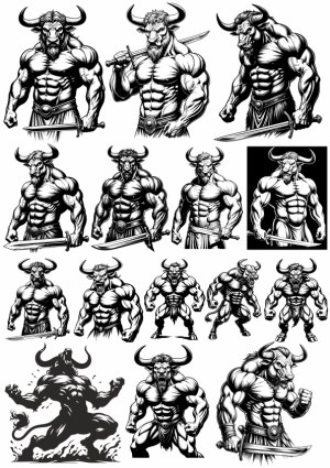 Collection of Muscular Minotaur Vector Illustrations Free Vector
