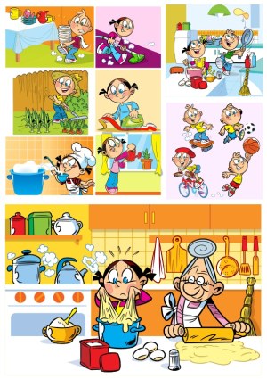 Children Engaged in Various Household Chores and Activities Vector Free Vector