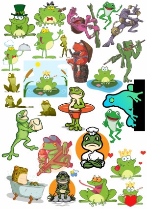 Collection of Cartoon Frog Characters in Various Poses and Costumes Free Vector