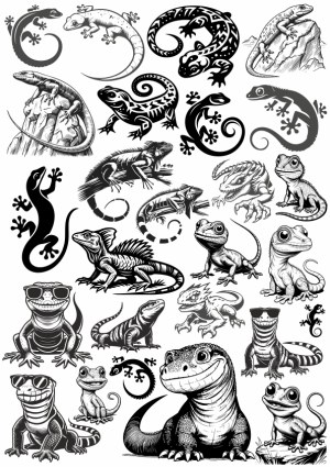 Collection of Black and White Gecko and Lizard Vector Illustrations Free Vector