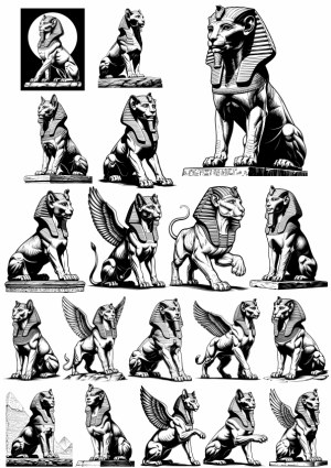 Set of Black and White Egyptian Sphinx Illustrations Free Vector