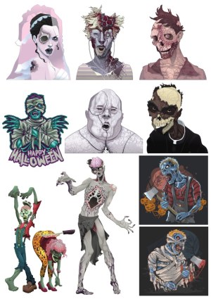 Set of Halloween and Zombie Vector Illustrations Free Vector