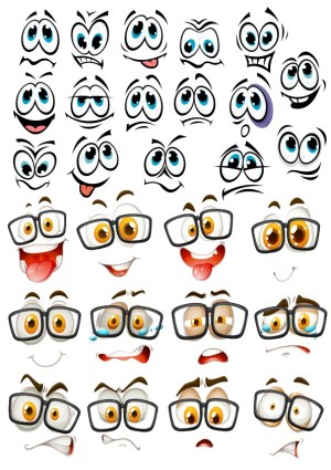 Set of Cartoon Facial Expressions with Blue and Brown Eyes Free Vector