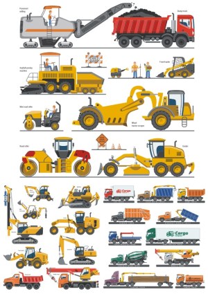Collection of Construction and Cargo Vehicles Vector Set Free Vector