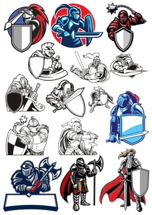 Set of Medieval Knight Vector Illustrations with Shields and Weapons Free Vector