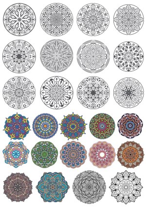 Set of 25 Decorative Mandala Vector Designs in Black and Color Free Vector