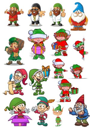 Set of Cartoon Christmas Elves and Gnomes Characters Free Vector