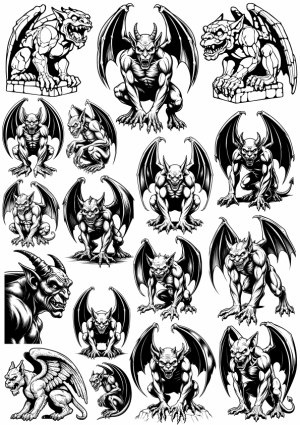 Set of Black and White Gargoyle and Demon Vector Illustrations Free Vector