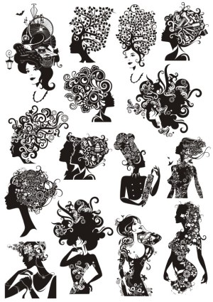 Silhouette Women with Intricate Artistic Hair and Body Designs Free Vector