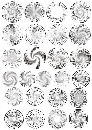 Set of 25 Black and White Halftone Spiral and Radial Dot Patterns Free Vector