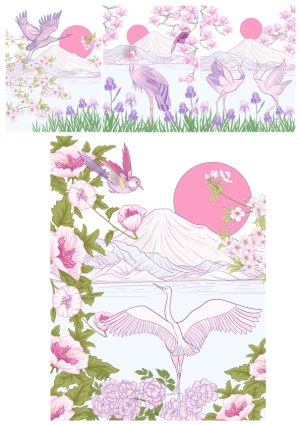 Japanese Crane and Cherry Blossom Vector Scenes with Mount Fuji Free Vector