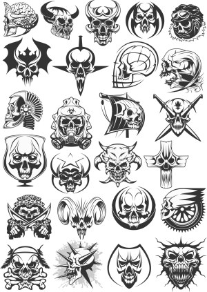 Set of 24 Black and White Skull and Demon Vector Symbols Free Vector