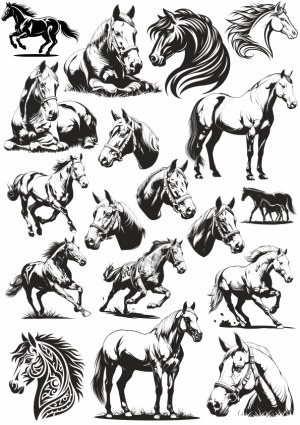 Black and White Vector Illustrations of Horses in Various Poses Free Vector