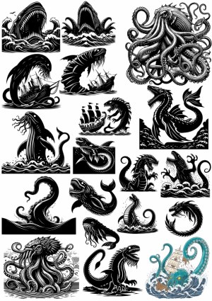 Vintage Sea Monster and Ship Attack Vector Illustrations Free Vector