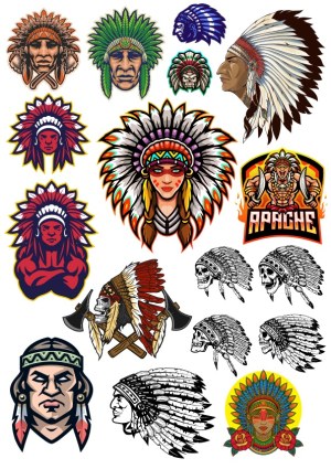 Collection of Native American Chief Head Illustrations and Skulls in Headdresses Free Vector
