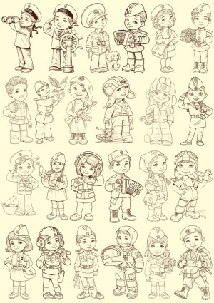 Vintage Style Vector Illustrations of Children in Various Uniforms Free Vector
