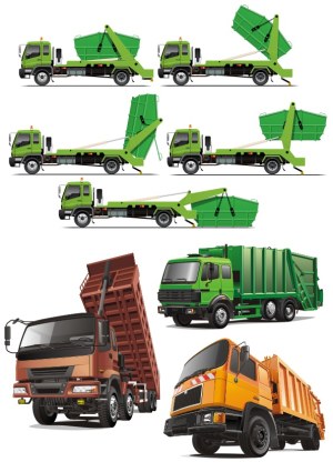 Set of Vector Illustrations of Dump Trucks and Garbage Trucks Free Vector
