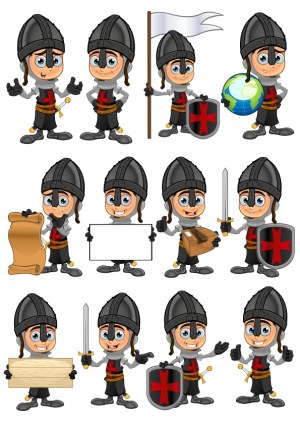 Cartoon Knight Character Poses with Medieval Armor and Props Free Vector