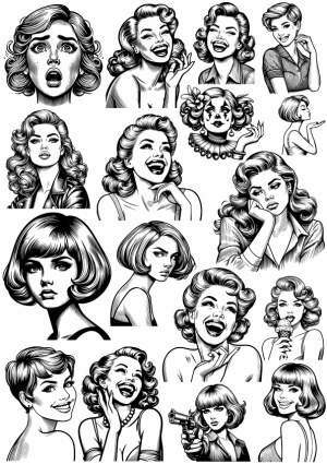 Black and White Vintage Women's Faces and Expressions Vector Set Free Vector