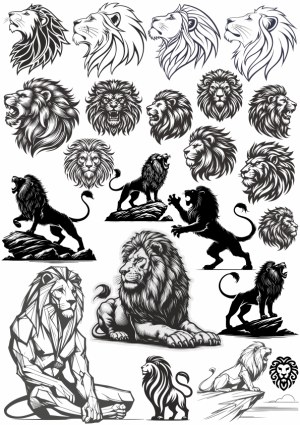 Variety of Black and White Lion Vector Illustrations and Silhouettes Free Vector