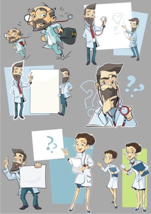 Cartoon Doctor Characters with Medical and Presentation Poses Free Vector