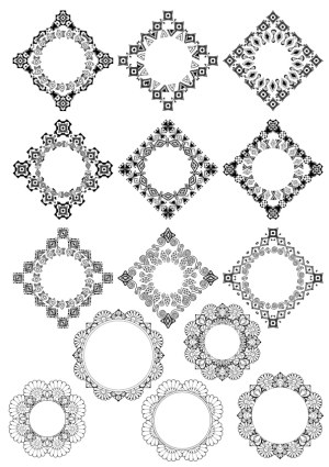 Set of Ornamental Black and White Circular and Diamond Frames Free Vector