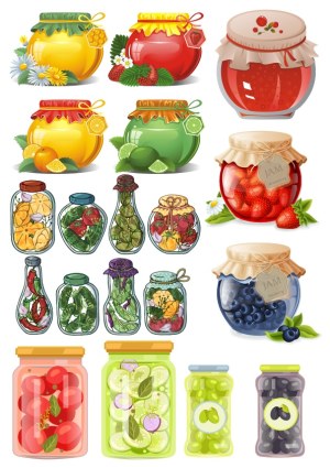 Assorted Jars of Jam, Preserves, and Pickled Vegetables Vector Set Free Vector