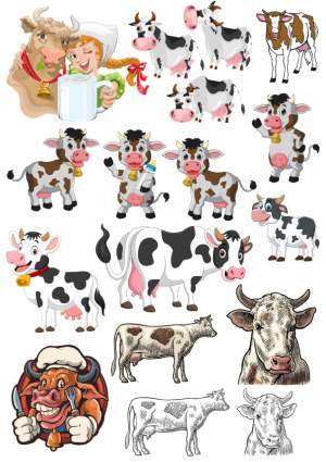Variety of Cartoon and Realistic Cow Illustrations Vector Set Free Vector