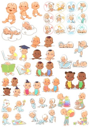 Collection of Diverse Babies in Various Poses and Activities Vector Free Vector