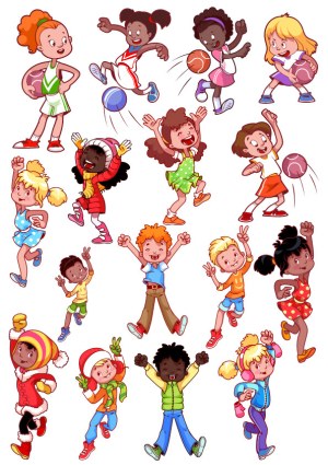 Diverse Happy Children Playing Sports and Celebrating Vector Set Free Vector